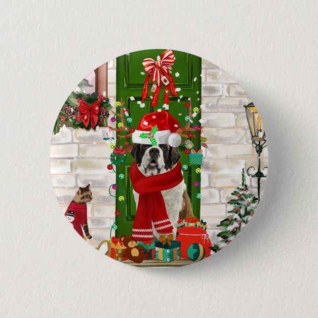Saint Bernard Dog Christmas   2 Inch Round Button (Front)