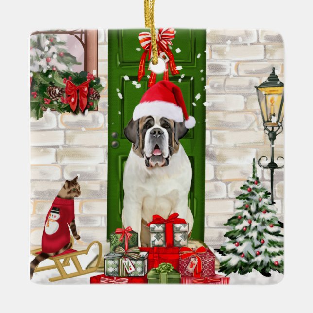 Saint Bernard Dog Christmas  Ceramic Ornament (Front)