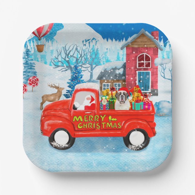 Saint Bernard Dog Christmas Delivery Truck Snow  Paper Plate (Front)