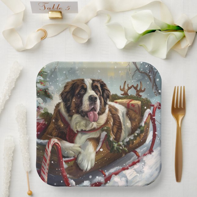 Saint Bernard Dog Christmas Festive  Paper Plate (Wedding)