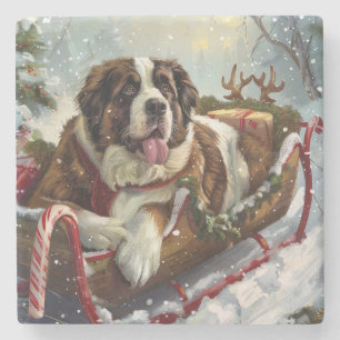 Saint Bernard Dog Christmas Festive Stone Coaster
