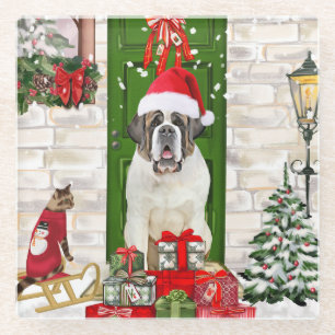 Saint Bernard Dog Christmas  Glass Coaster