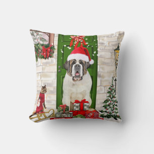 Saint Bernard Dog Christmas Throw Pillow