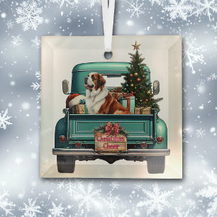 Saint Bernard Dog Farm Truck Christmas Glass Ornament