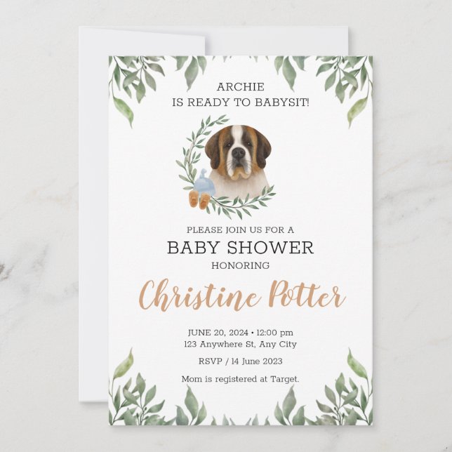  Saint Bernard Dog Greenery Boho Baby Shower Invitation (Front)