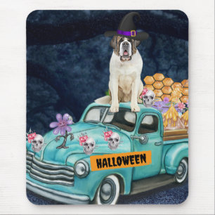 Saint Bernard Dog Halloween Truck Scary Night  Mouse Pad