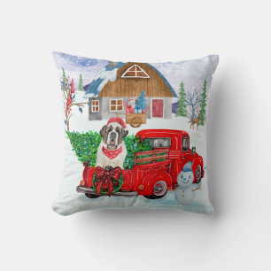 Saint Bernard Dog In Christmas Delivery Truck Snow Throw Pillow