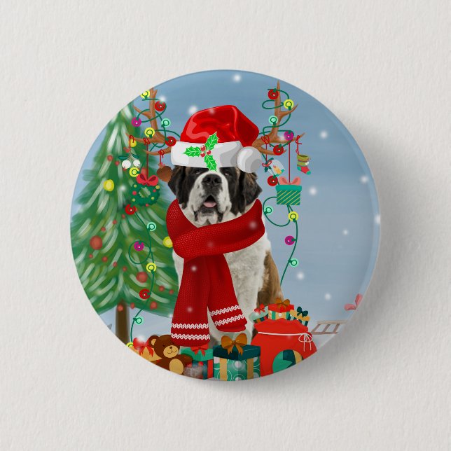 Saint Bernard  Dog in Snow Christmas  2 Inch Round Button (Front)