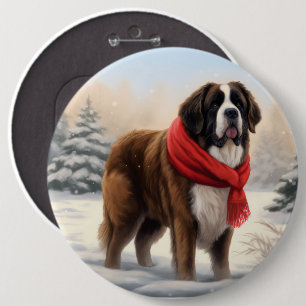 Saint Bernard Dog in Snow Christmas  6 Inch Round Button