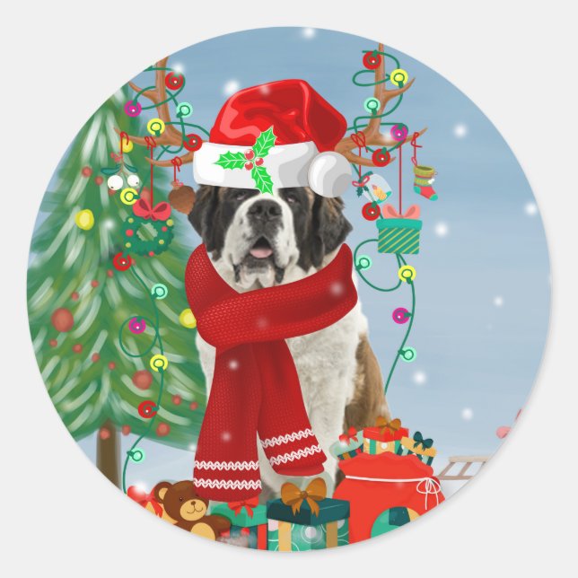 Saint Bernard  Dog in Snow Christmas  Classic Round Sticker (Front)