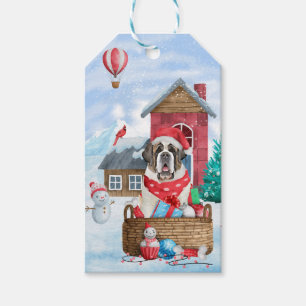 Saint Bernard Dog In snow Christmas Dog House Gift Tags