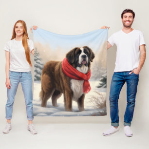 Saint Bernard Dog in Snow Christmas Fleece Blanket