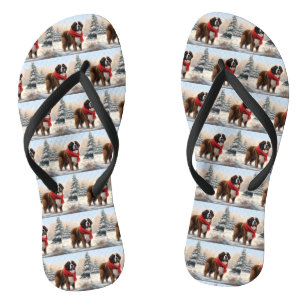Saint Bernard Dog in Snow Christmas  Flip Flops