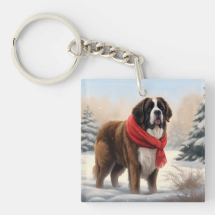 Saint Bernard Dog in Snow Christmas Keychain