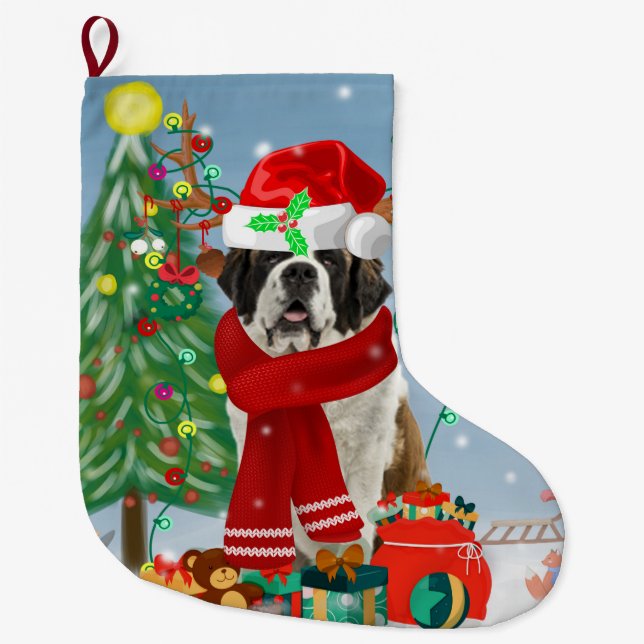 Saint Bernard  Dog in Snow Christmas  Large Christmas Stocking (Front)