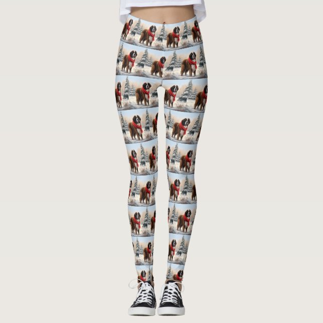 Saint Bernard Dog in Snow Christmas  Leggings (Front)