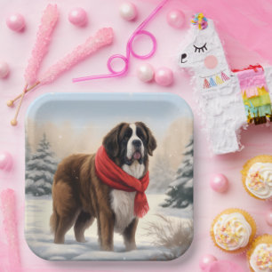 Saint Bernard Dog in Snow Christmas Paper Plate