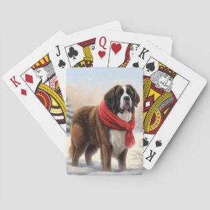 Saint Bernard Dog in Snow Christmas Playing Cards