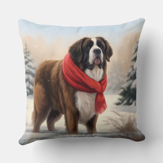 Saint Bernard Dog in Snow Christmas  Throw Pillow (Back)