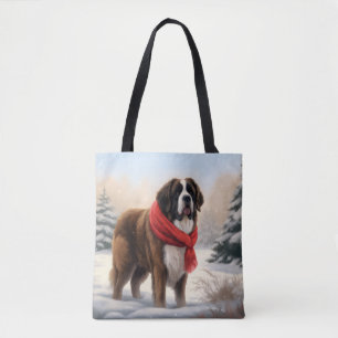 Saint Bernard Dog in Snow Christmas Tote Bag