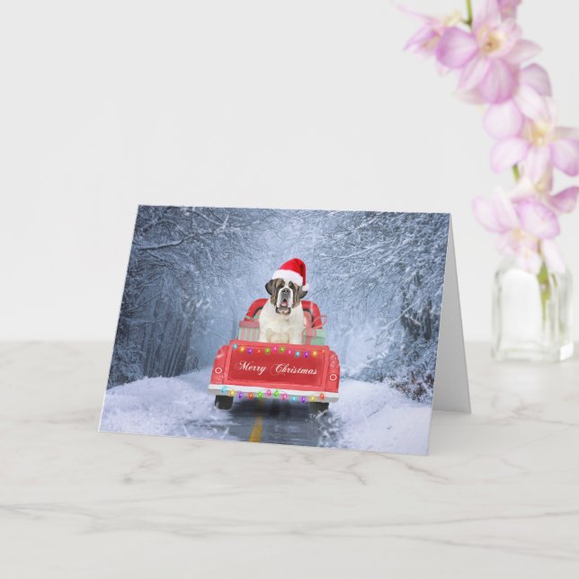 Saint Bernard Dog in Snow sitting Christmas Truck Card (Orchid)