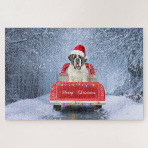 Saint Bernard Dog in Snow sitting Christmas Truck  Jigsaw Puzzle