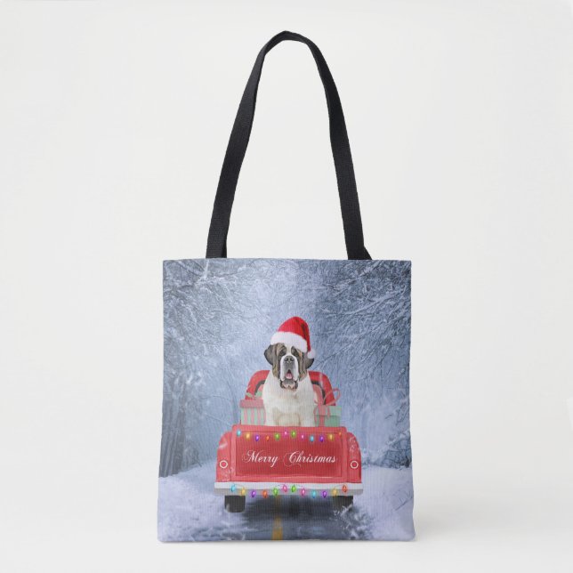 Saint Bernard Dog in Snow sitting Christmas Truck  Tote Bag (Front)