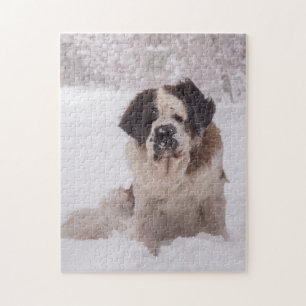 Saint Bernard dog in the snow Jigsaw Puzzle