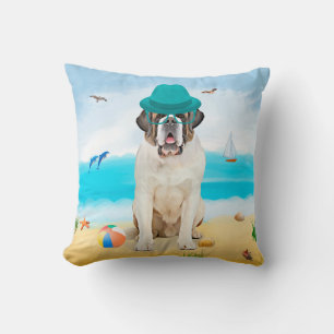 Saint Bernard Dog on Beach Throw Pillow