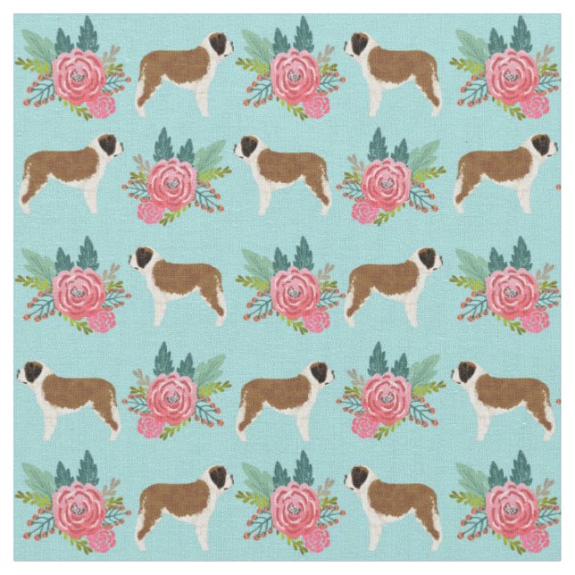 Saint Bernard dog pink florals Fabric (Close Up)