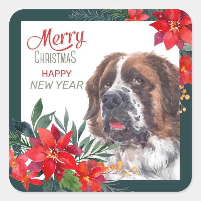 Saint Bernard Dog Poinsettia Border Christmas  Square Sticker (Front)