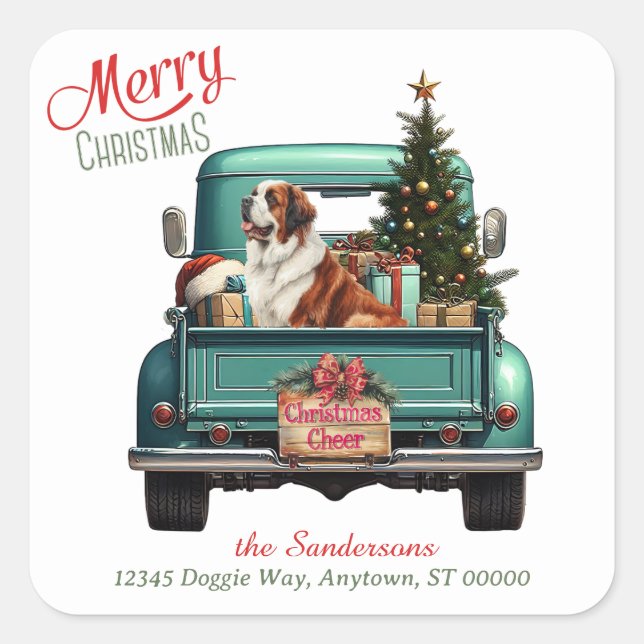 Saint Bernard Dog Retro Truck Christmas Square Sticker (Front)
