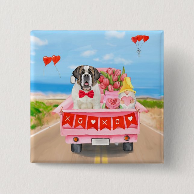 Saint Bernard Dog Valentine's Day Truck Hearts 2 Inch Square Button (Front)
