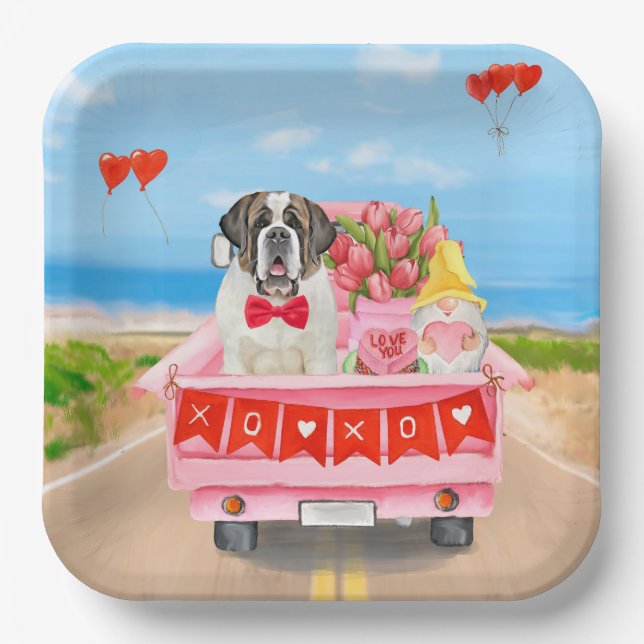 Saint Bernard Dog Valentine's Day Truck Hearts Paper Plate (Front)