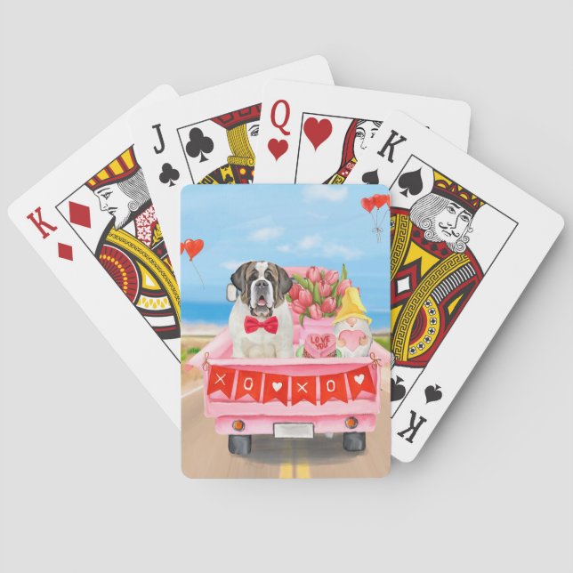 Saint Bernard Dog Valentine's Day Truck Hearts Playing Cards (Back)