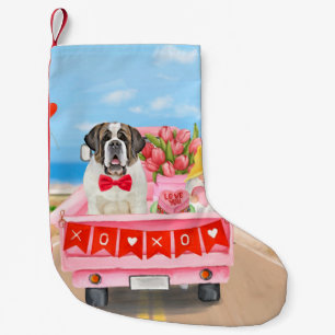 Saint Bernard Dog Valentine's Day Truck Hearts Small Christmas Stocking