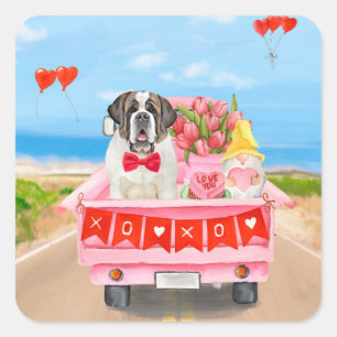 Saint Bernard Dog Valentine's Day Truck Hearts Square Sticker