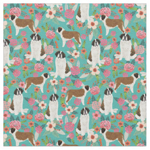 Saint Bernard dog vintage florals turquoise Fabric