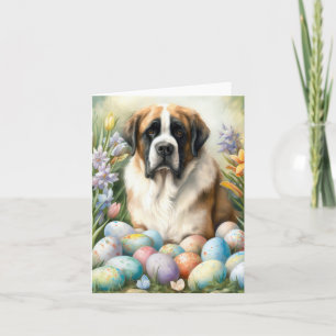 Saint Bernard Dog with Easter Eggs Holiday  Card
