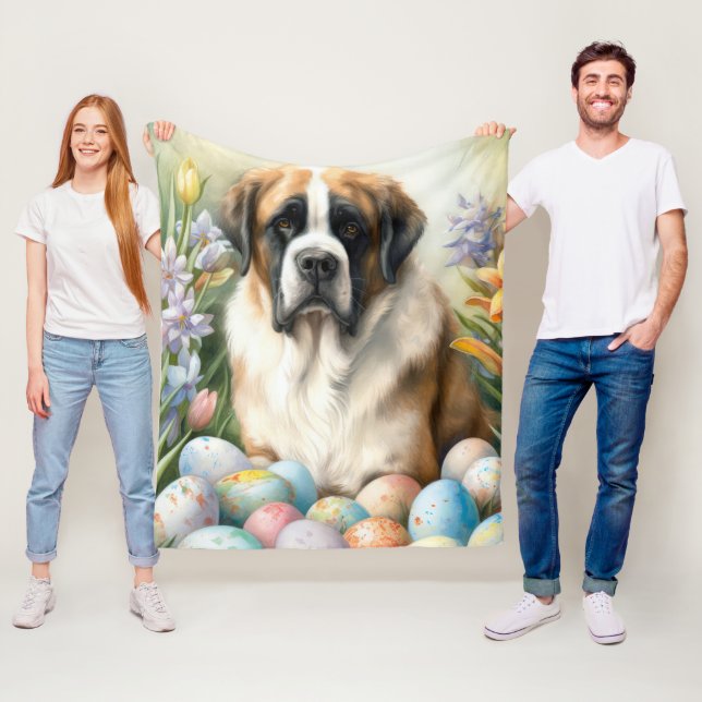 Saint Bernard Dog with Easter Eggs Holiday  Fleece Blanket (In Situ)