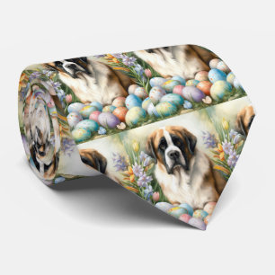 Saint Bernard Dog with Easter Eggs Holiday Tie