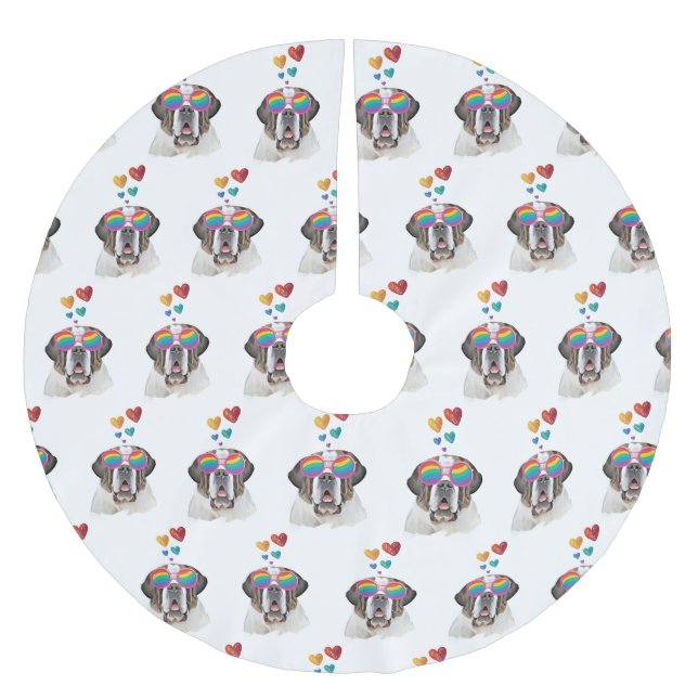 Saint Bernard Dog with Hearts Valentine's Day  Brushed Polyester Tree Skirt (Front)