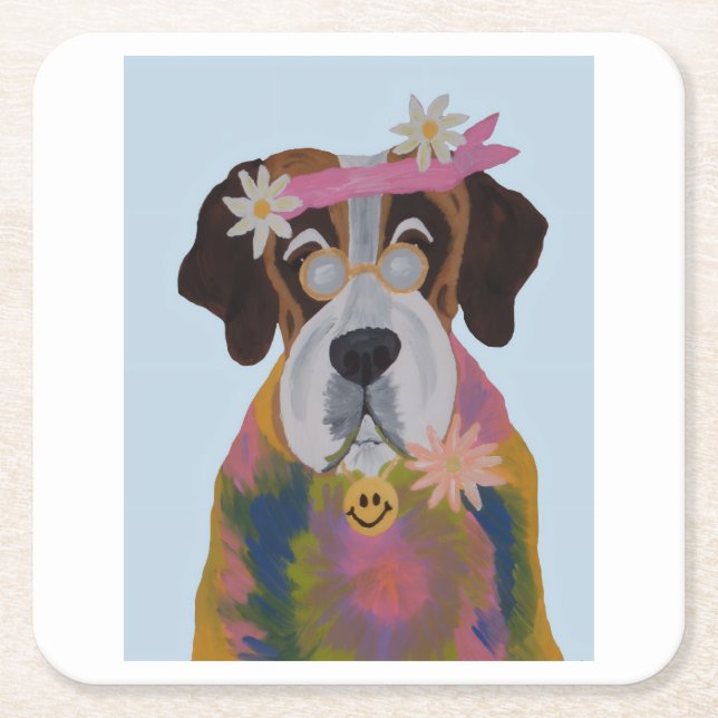Saint Bernard Hippie Square Paper Coaster (Front)