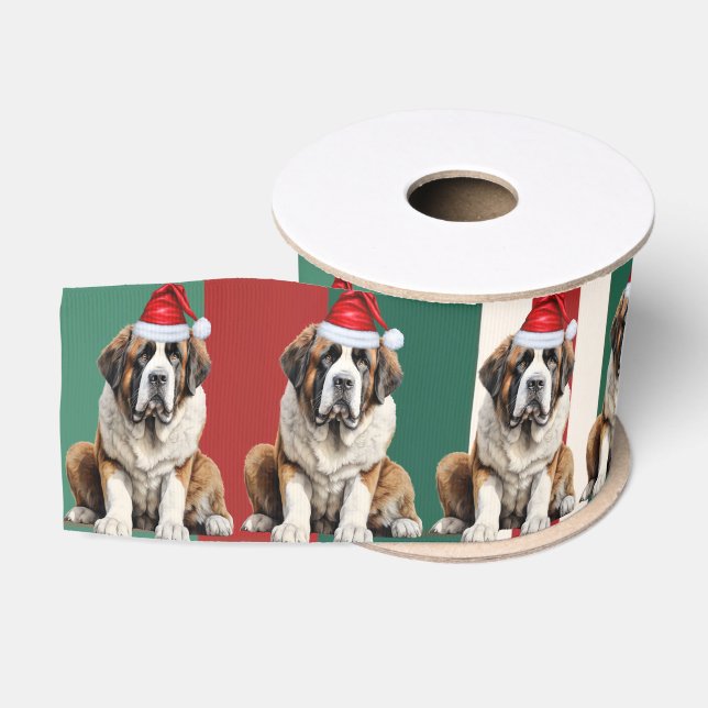 Saint Bernard Holiday Plaid Funny Dog Christmas Grosgrain Ribbon (Spool)