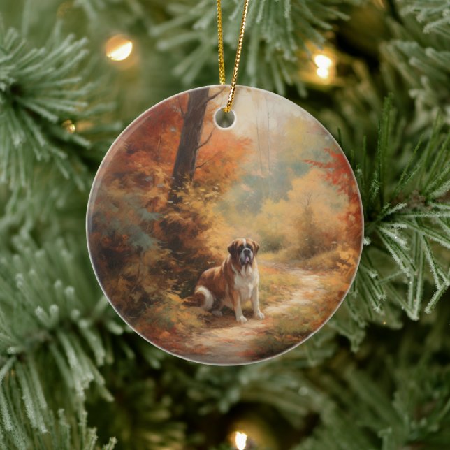 Saint Bernard in Autumn Leaves Fall Inspire Ceramic Ornament (Tree)