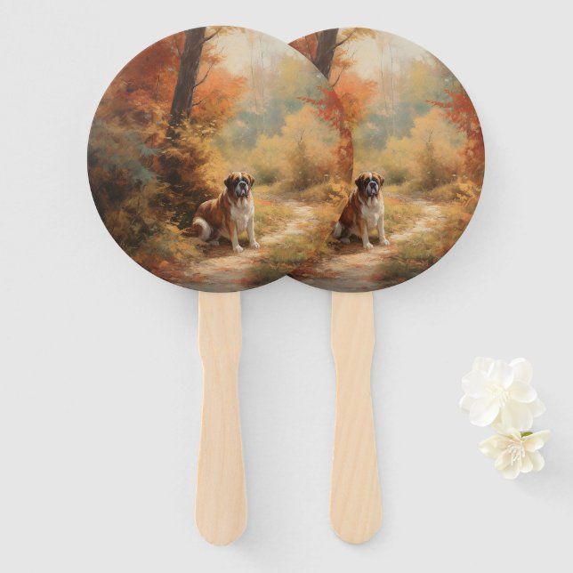 Saint Bernard in Autumn Leaves Fall Inspire Hand Fan (Front and Back)