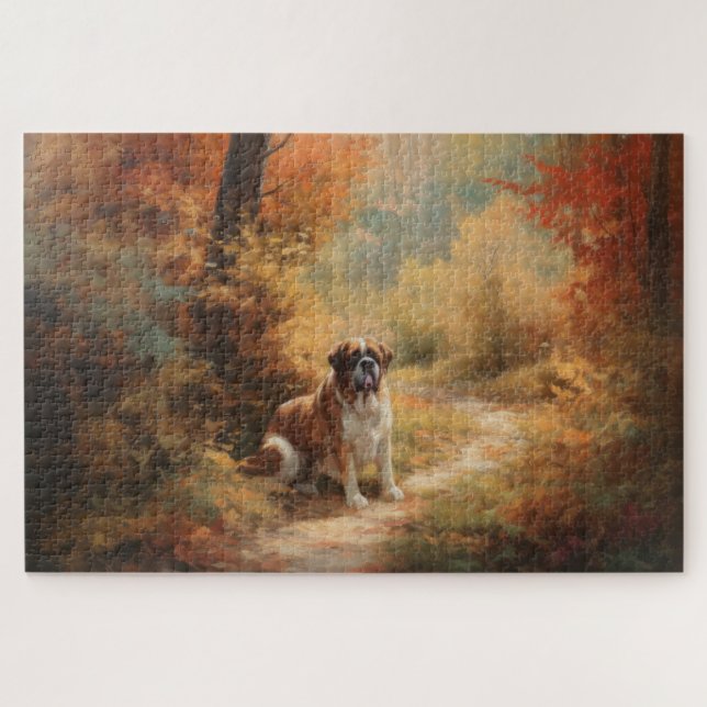 Saint Bernard in Autumn Leaves Fall Inspire Jigsaw Puzzle (Horizontal)