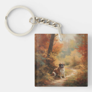 Saint Bernard in Autumn Leaves Fall Inspire Keychain
