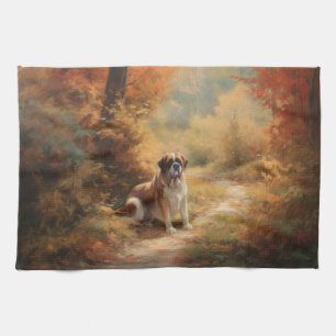 Saint Bernard in Autumn Leaves Fall Inspire Kitchen Towel
