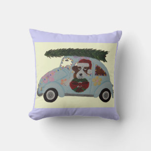 Saint Bernard in Hippie Car at Christmas Throw Pillow